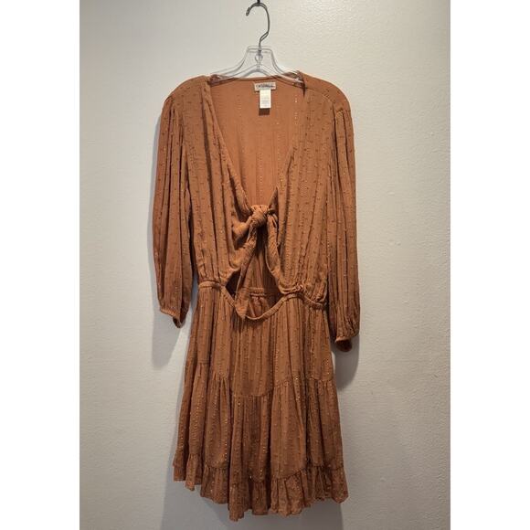 l*space Dresses & Skirts - L Space Dress Size Large Stay Golden Mini Putty Metallic Gold Tie Front Cut Out